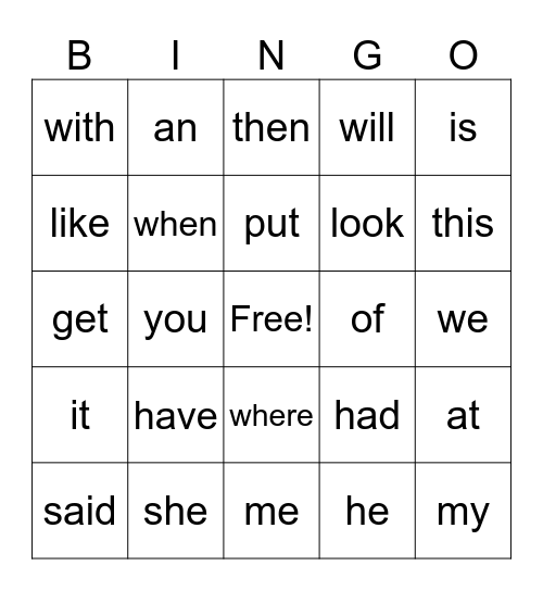 Sight Words Bingo Card