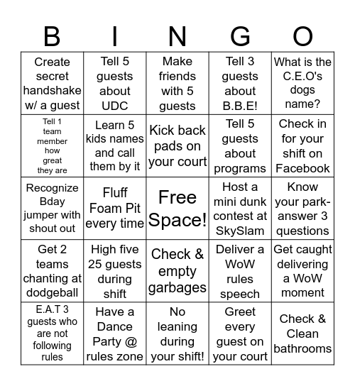 Sky Zone Bingo Card