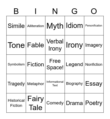 8th Grade ELA Bingo (Genre & Figurative Lang) Bingo Card
