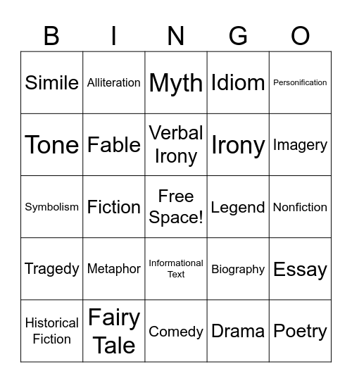 8th Grade ELA Bingo (Genre & Figurative Lang) Bingo Card