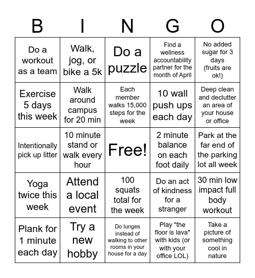 WELLNESS BINGO Card