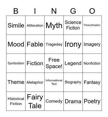8th Grade ELA Bingo (Genre & Figurative Lang) Bingo Card