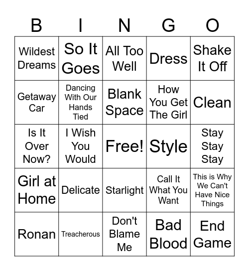 Taylor Swift Bingo (Reputation, 1989, Red) Bingo Card