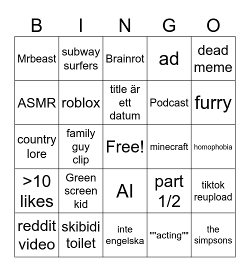 YT SHORTS BINGO Card