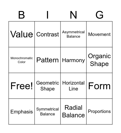 Elements and Principles BINGO Card
