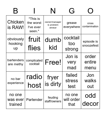 BAR RESCUE Bingo Card