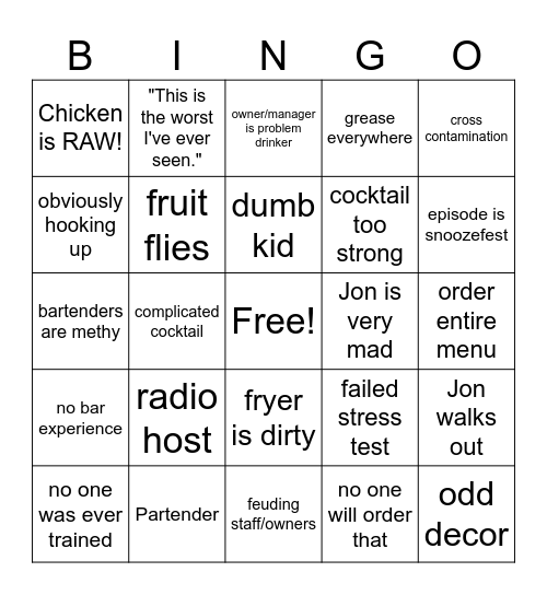 BAR RESCUE Bingo Card