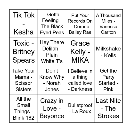 00s Music Bingo Card