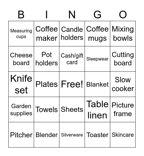 Shower Bingo Card