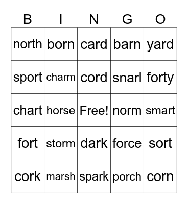 r-controlled vowels o and a Bingo Card