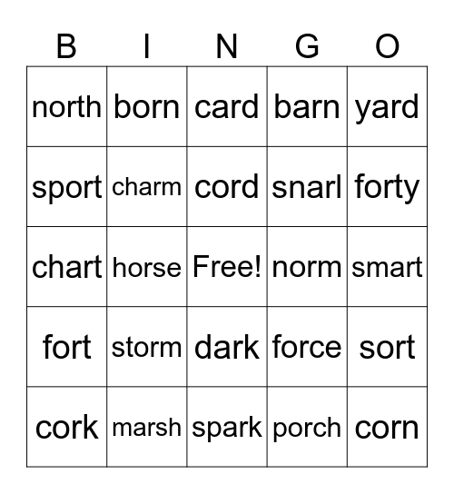 r-controlled vowels o and a Bingo Card