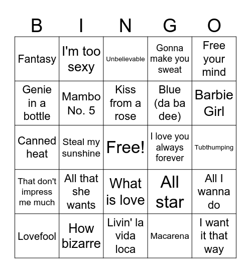 Joe Knows 90's Pop Bingo Card