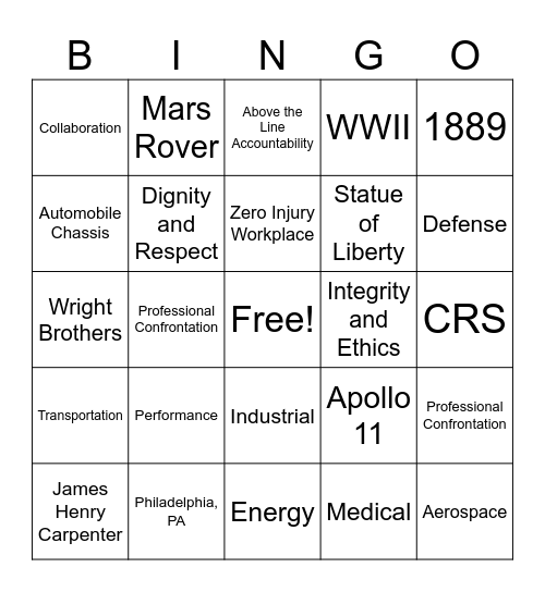 Bring Your Child to Work Day Bingo Card