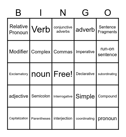 CLT Grammar Bingo Card