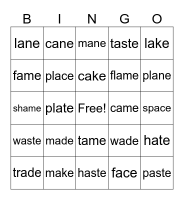 Long a with the magic e Bingo Card