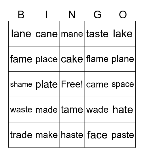Long a with the magic e Bingo Card
