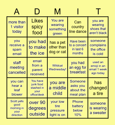 ADMISSIONS BINGO Card