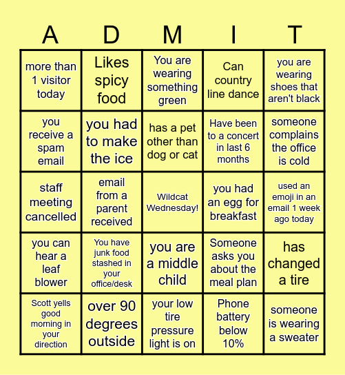 ADMISSIONS BINGO Card