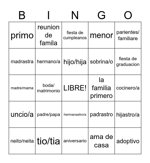 la familia Bingo Card