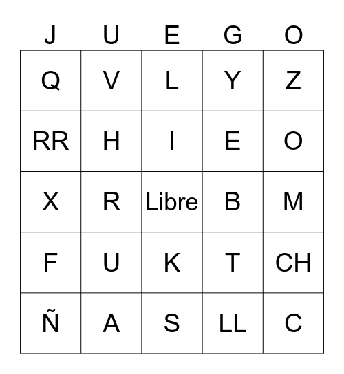 Spanish Alphabet Bingo Card