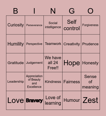 Character Strengths Bingo Card