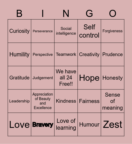 Character Strengths Bingo Card