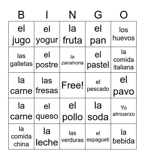 Comidas y Bebidas Bingo Card