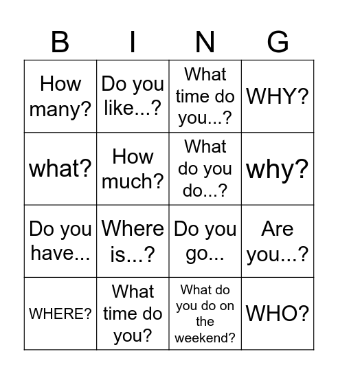 Question Words 2 Bingo Card