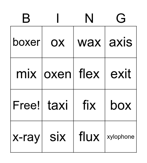 Xx sounds /ks/ and /z/ Bingo Card