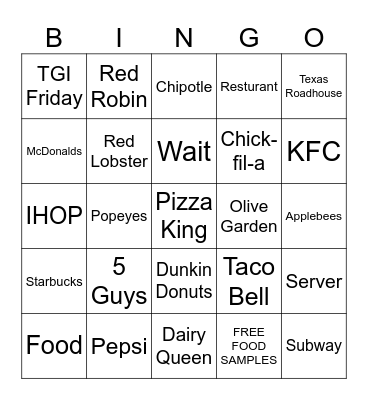 Food and Resturant Bingo Card