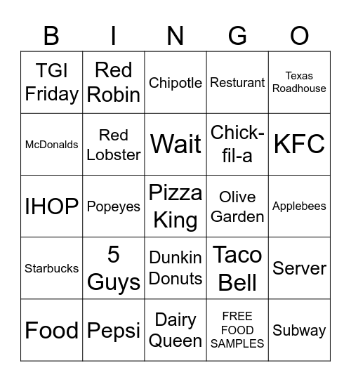 Food and Resturant Bingo Card