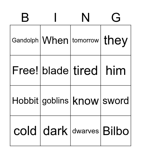 The Hobbit Bingo Card