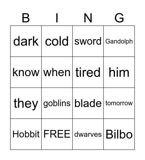 The Hobbit Bingo Card