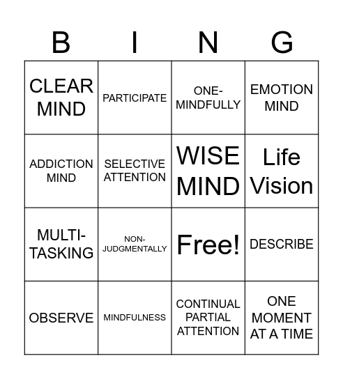 Mindfulness Review Bingo Card