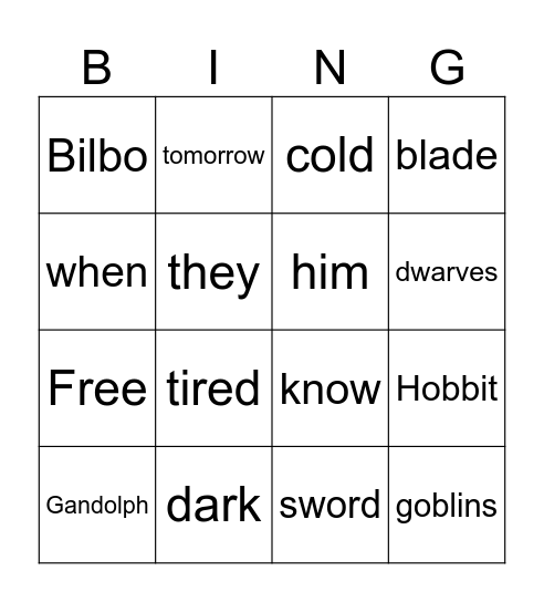 The Hobbit Bingo Card