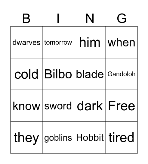 The Hobbit Bingo Card