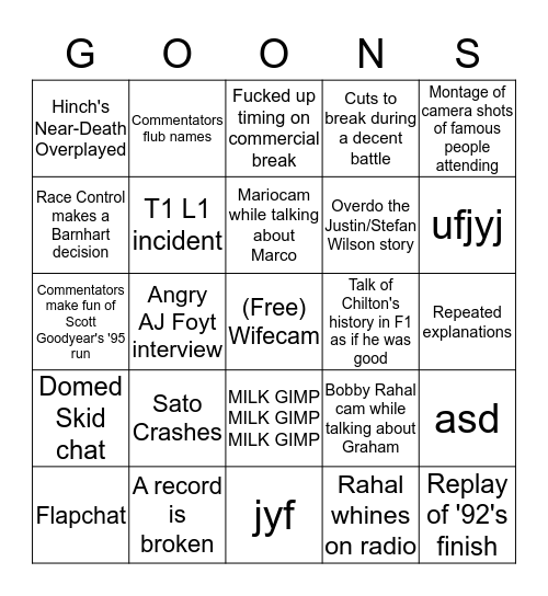 100th Indy 500 Goon Bingo Card