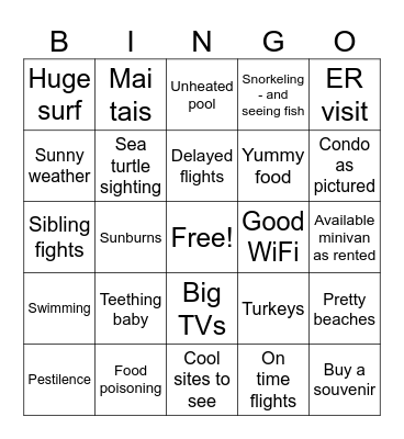 Vacation Wins and Mishaps Bingo Card