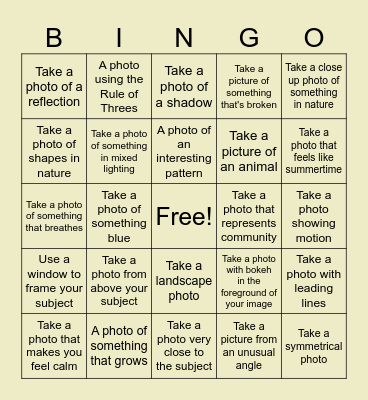 Photography Field Trip Bingo! Bingo Card