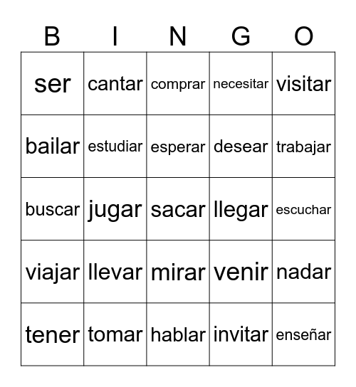 verbos en -ar Bingo Card