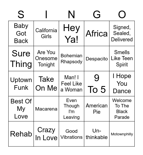 HITS FROM THE DECADES Bingo Card