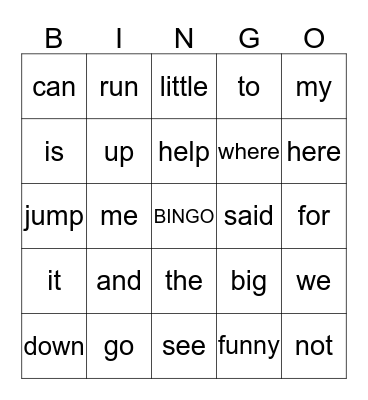 Sight Word Bingo Card