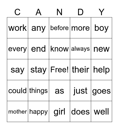 High Frequency Words Bingo Card