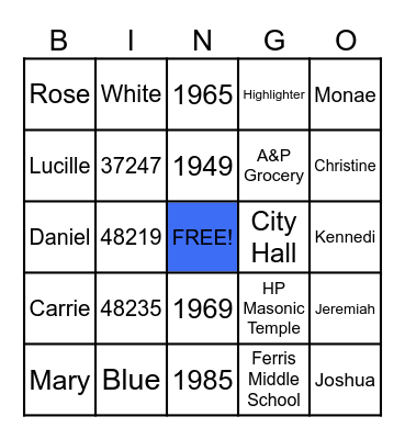 Cato Family Bingo Card