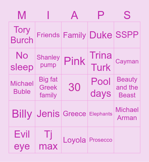 Mia's 30th Bingo Card