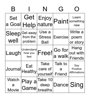 Coping Skills Bingo Card