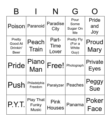 Songs that start with P Bingo Card