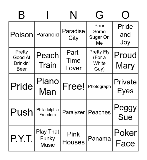 Songs that start with P Bingo Card