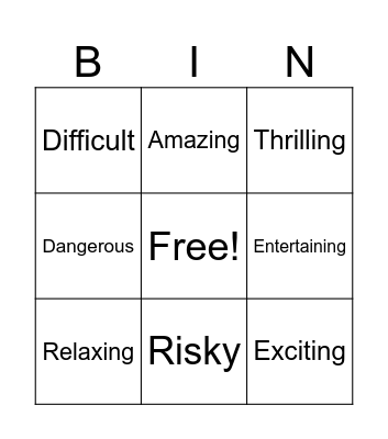 Adventure Sports Adjectives Bingo Card