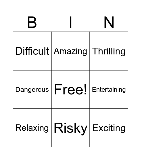 Adventure Sports Adjectives Bingo Card